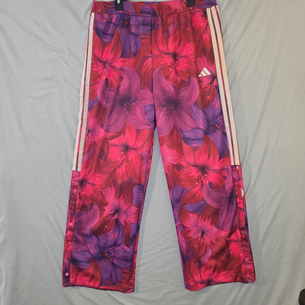 Adidas FARM Rio Track Pants Medium Womens Pink Floral Snap Button Three Stripe